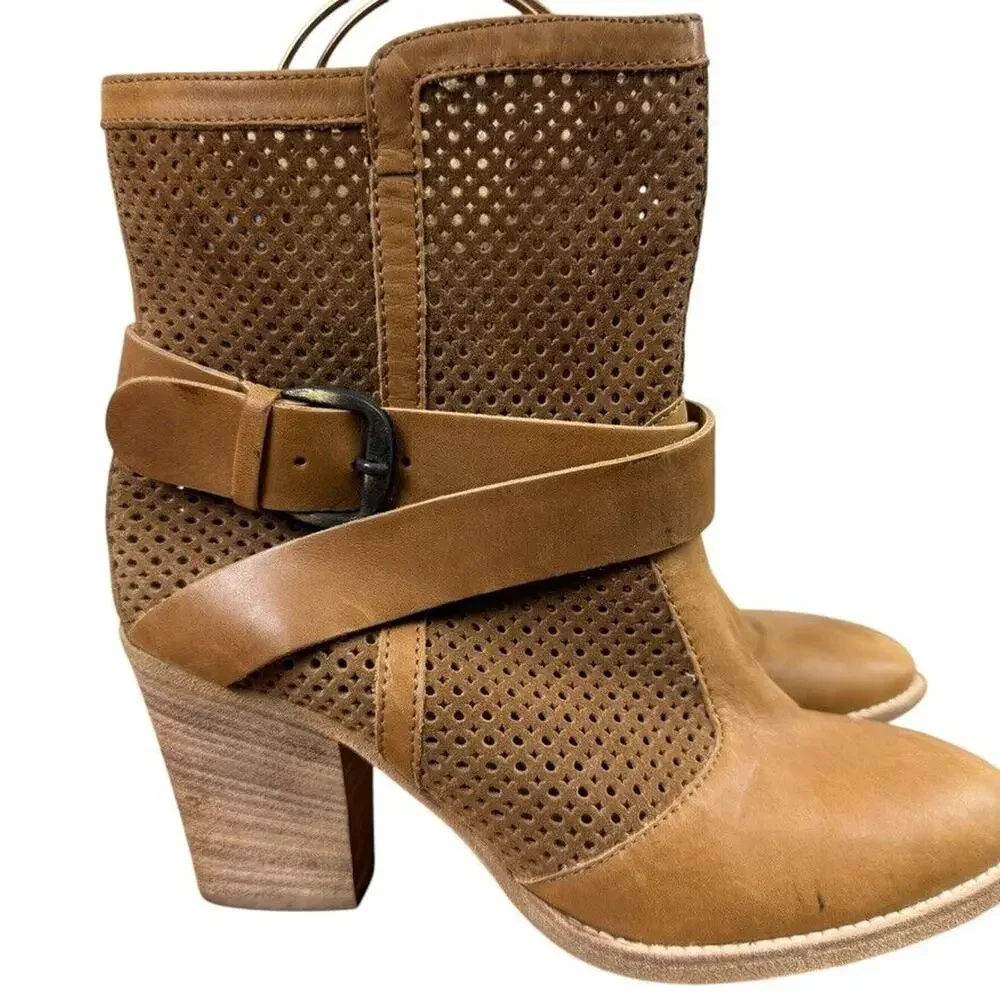 Aquatalia Marvin K Fawn Womens Chunky Heel Leather Boots Brown Ankle Italy 7.5